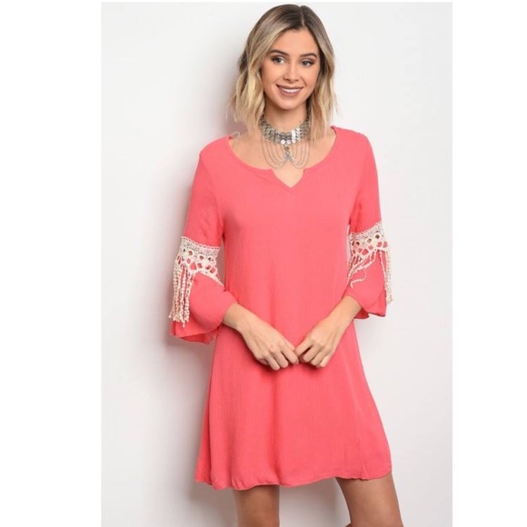 🆕⭐️ Coral Crochet Sleeve Trim Dress - Picture 2 of 5